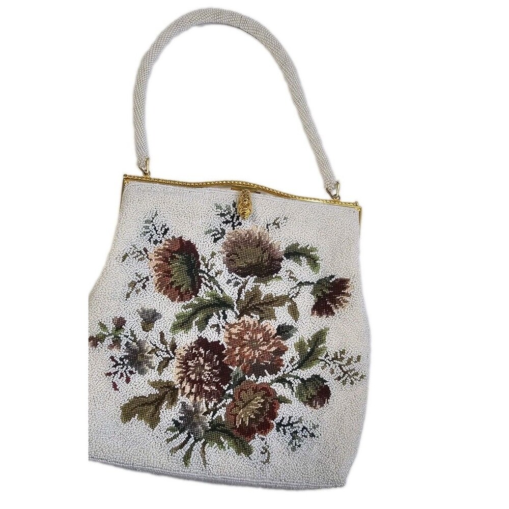 Vintage White Micro Beaded Evening Purse Made in Hong Kong Gold Frame Handbag